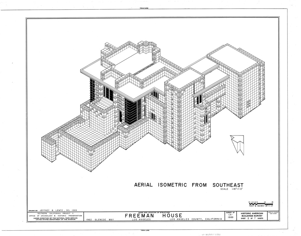 Axonometric drawing of the Samuel Freeman House