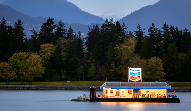 Photo of a gas station floating in a river