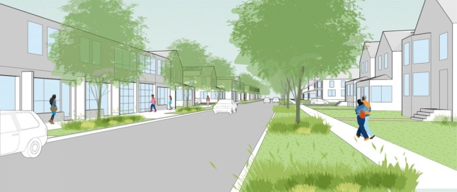 Rendering of a street with a sidewalk, buildings on either side, and trees