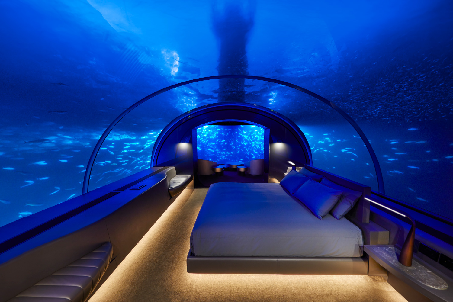 Photo of an underwater glass hotel room