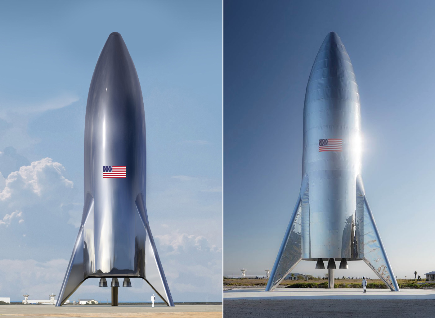 Rendering and photo of a stainless steel rocket