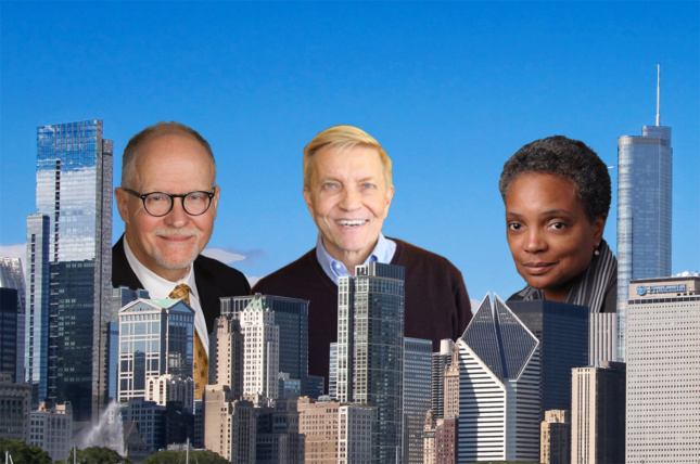 Photo of Paul Vallas, Robert Fioretti, and Lori Lightfoot collaged into the Chicago skyline