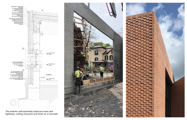 Section, construction photo, and finished brick wall