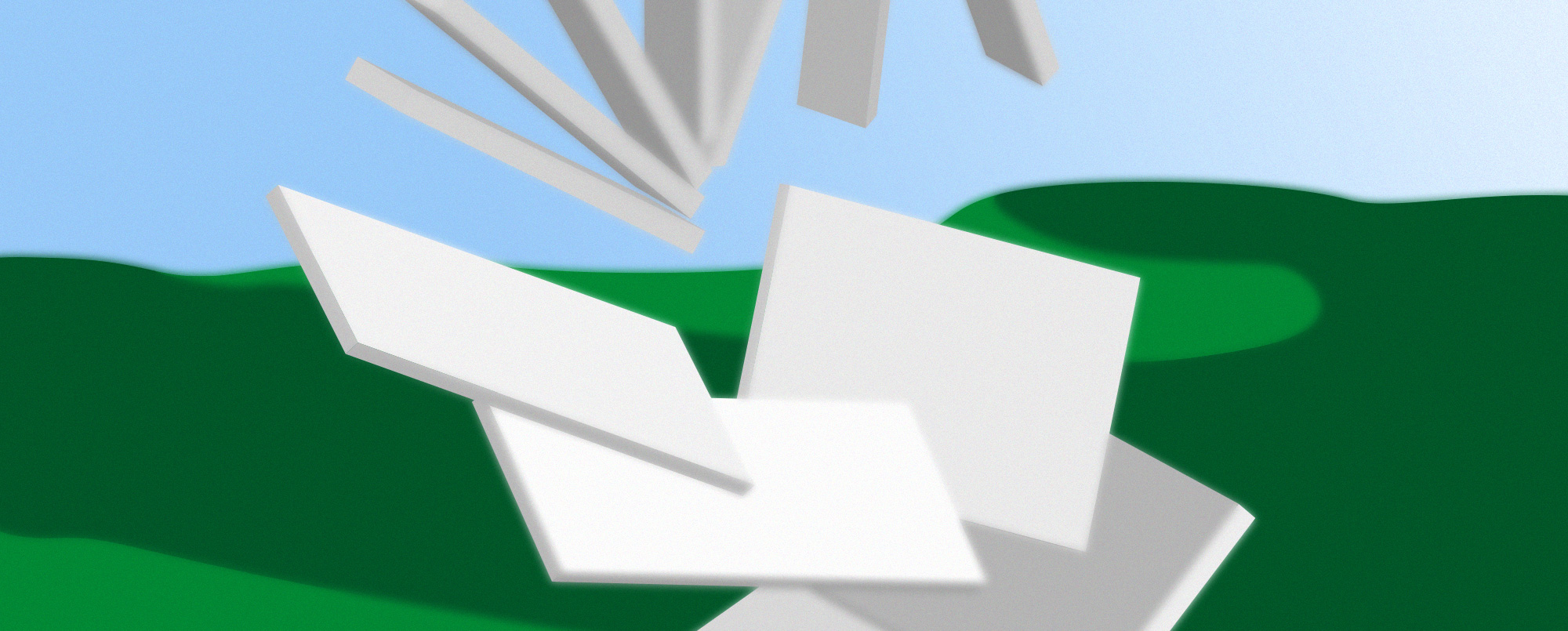 Rendering of white planes on a landscape
