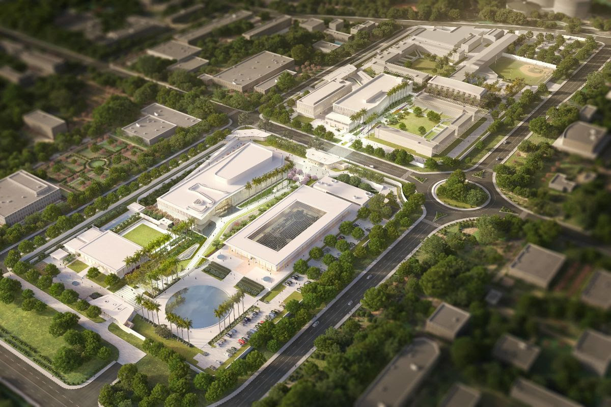 Aerial rendering of Weiss/Manfredi US Embassy India