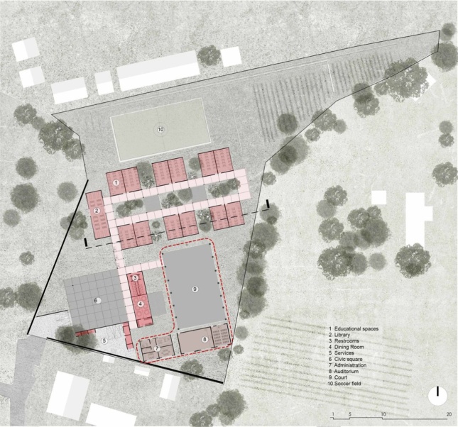 Site plan showing modular units arrange in a U shape around a courtyard