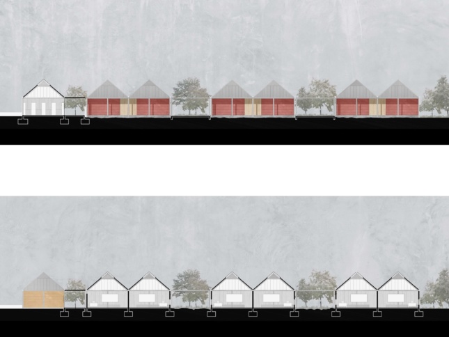 Section and elevation showing single-story modular units arrange in pairs with trees in between