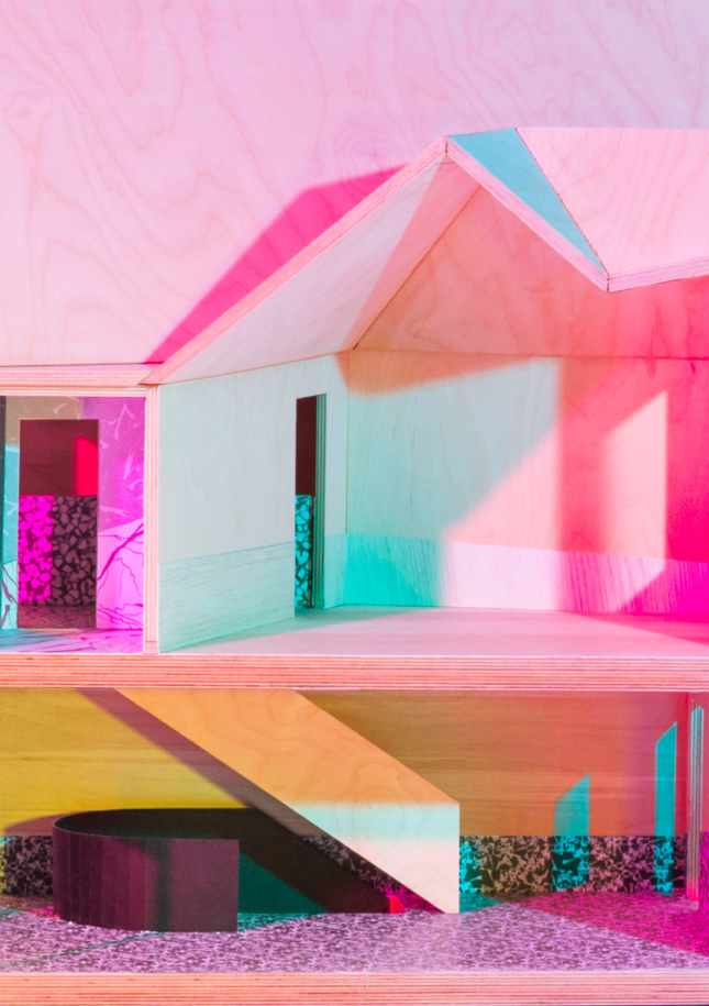Plywood splashed with multicolor light
