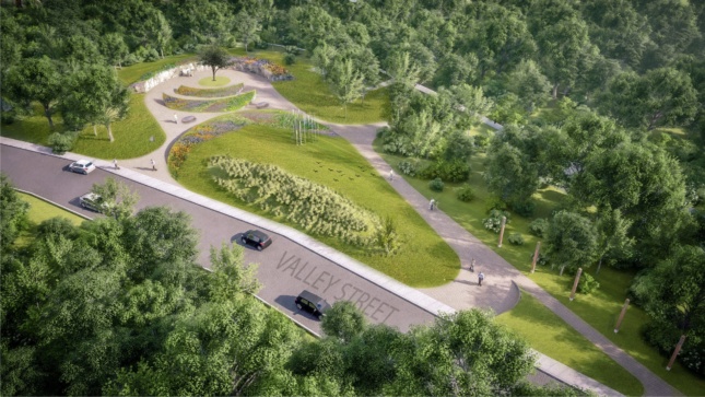 Aerial rendering of landscape memorial garden near road