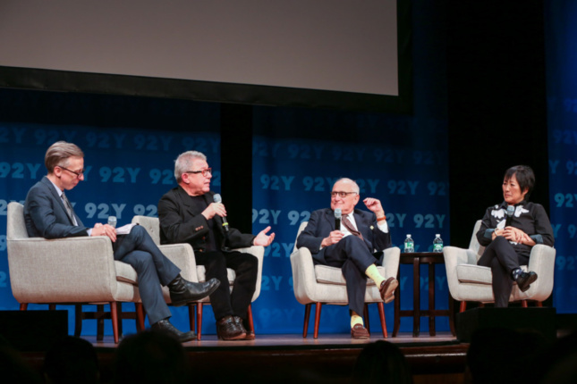 Photo of panel discussion between Daniel Libeskind, Frank Gehry, and Billie Tsien 