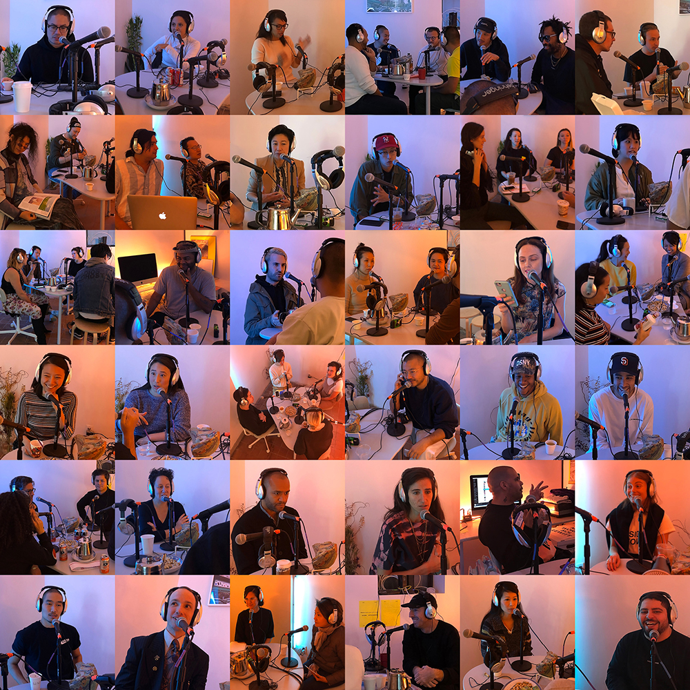 A collage of different people in front of microphones for a radio show