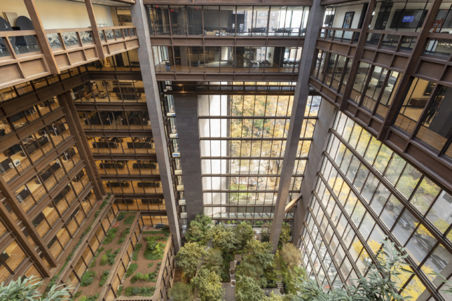 Interior aerial photo of Ford Foundation offices and atrium 