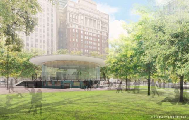 Rendering of city park with circular-shaped restaurant