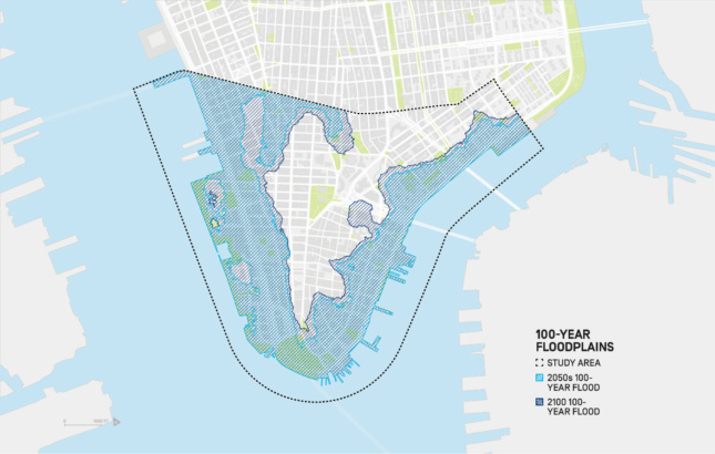 A flood plane diagram of Lower Manhattan