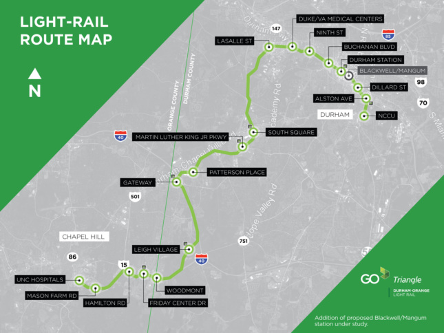 Map of a light rail route map connecting Durham to Chapel Hill