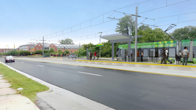 Rendering of a light rail line next to a road