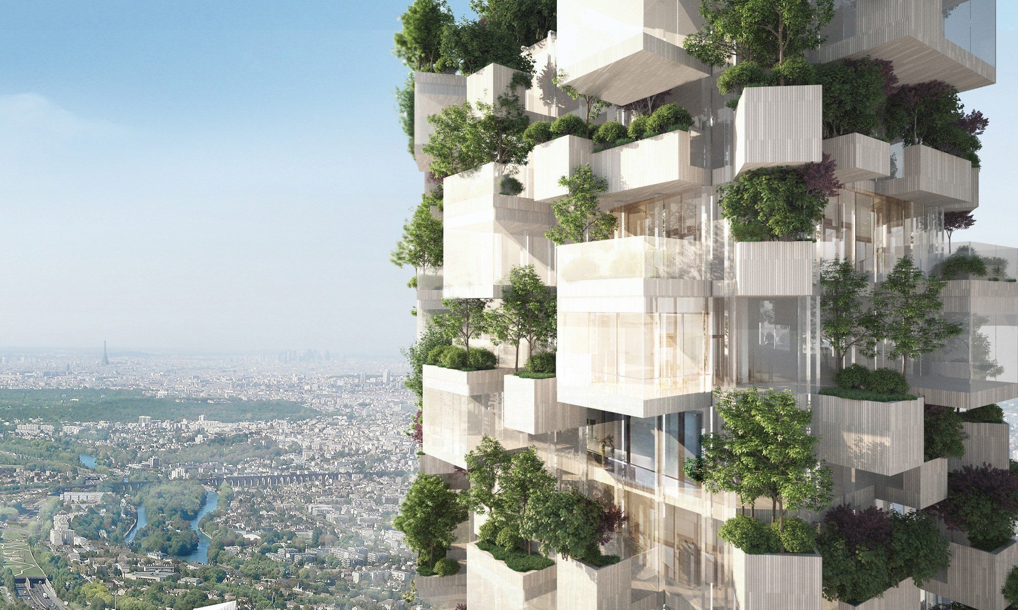 Rendering of Stefano Boeri-designed tower in Paris with plants on facade