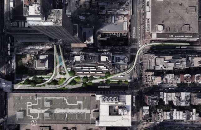 Rendered plan of the bridge connecting the High Line with Moynihan Station