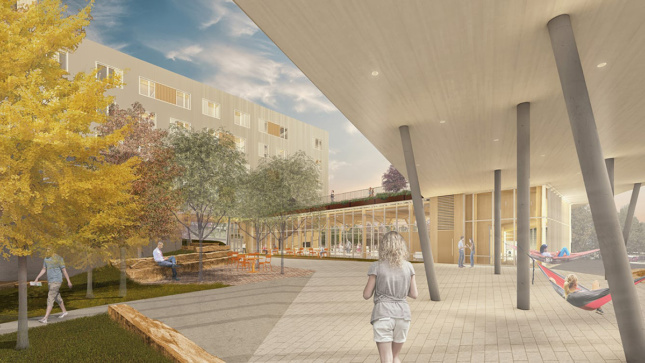 Rendering of plaza outside student dormitory at the University of Arkansas