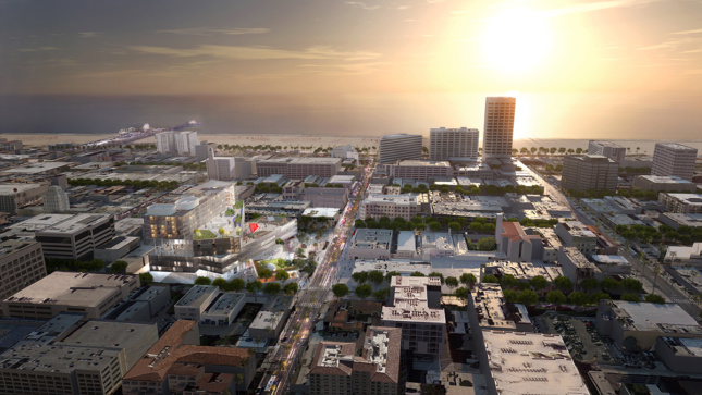 Rendering of Santa Monica with a zig-zagging office building
