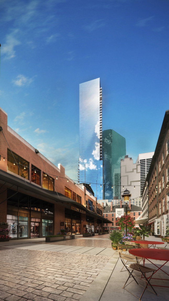 Rendering of a tall glass tower from the street