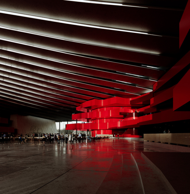 Rendering of a dark theater lobby with red walls