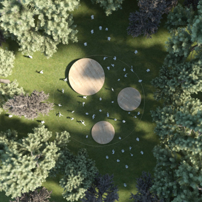 Aerial rendering of a public green space with three wooden discs