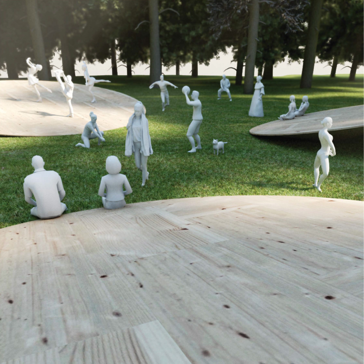 Rendering of people on a wooden disc