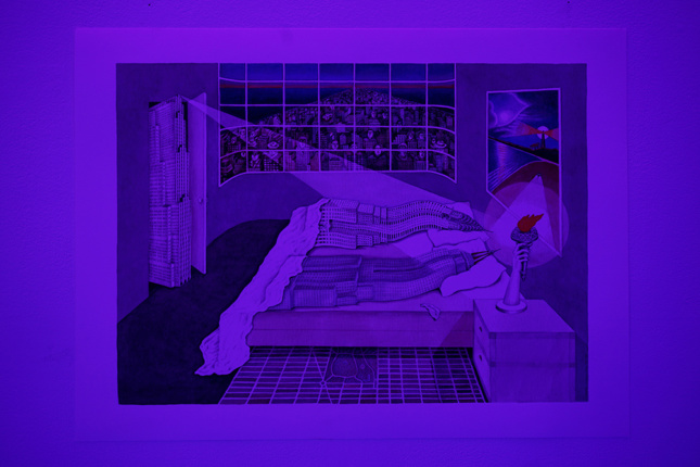 A drawing of two skyscrapers laying in bed together, with another looking on. Buildings through the window have faces. The drawing is lit in purple light.