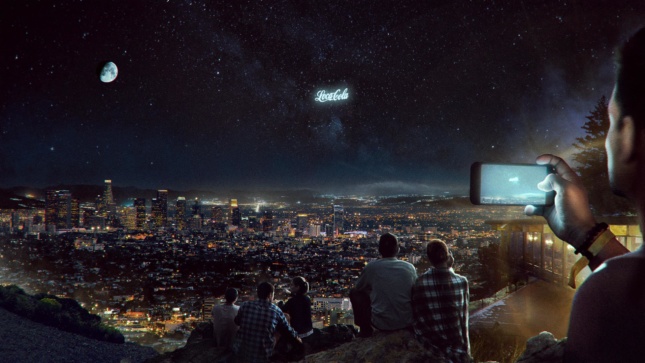 Rendering of a floating display above the horizon at night