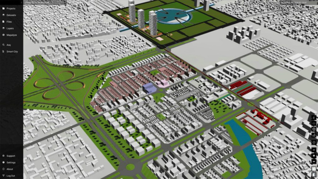 A digital model simulated city appears in a screenshot with a toolbar at left
