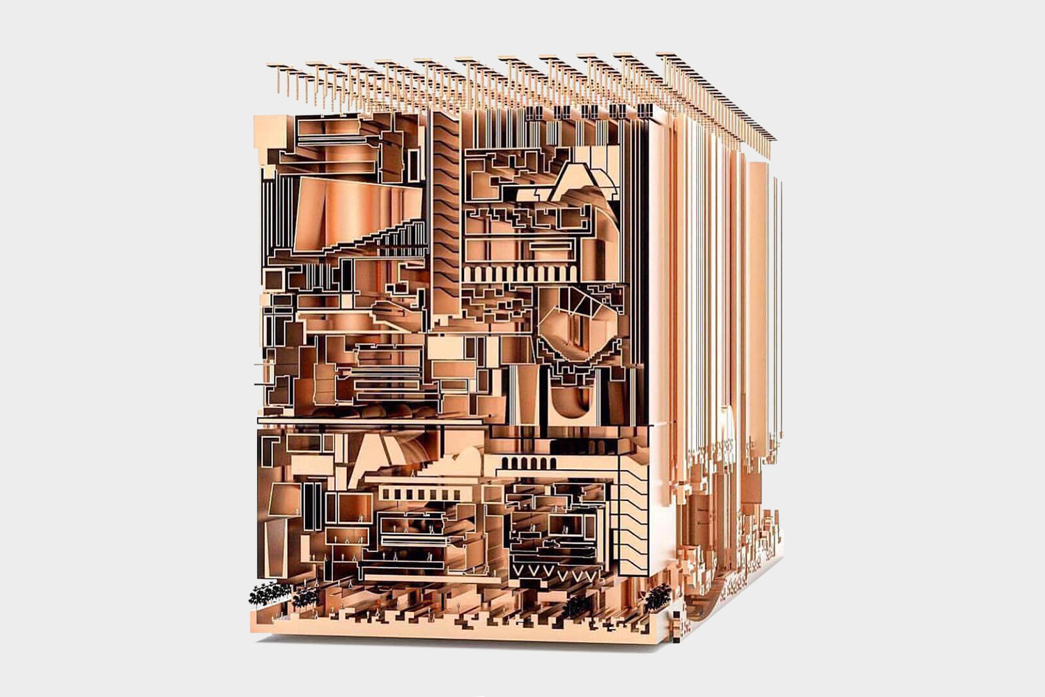 Rendering of intricate copper-colored artwork