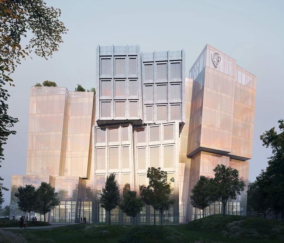 Rendering showing one building with a glass skin and irregular massing