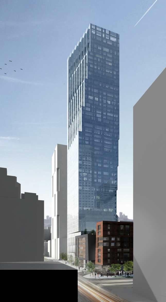 Rendering of a glass tower with setbacks