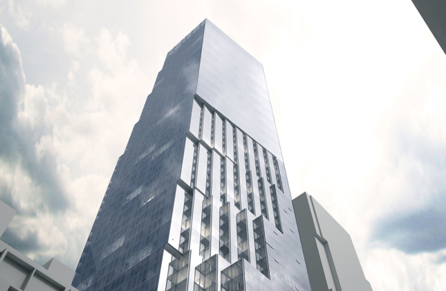 Rendering of a glass tower with notches cut into it