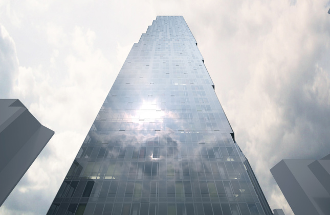 Rendering of glass tower with a flat facade