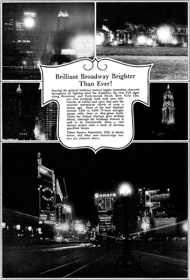 Vintage article with the headline "Brilliant Broadway Brighter Than Ever!" accompanied by photos of New York City buildings lit by electric lights