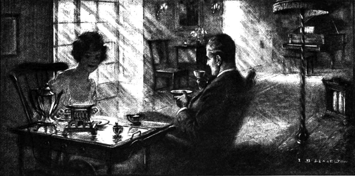 Vintage black and white illustration of people sitting inside with a floor lamp