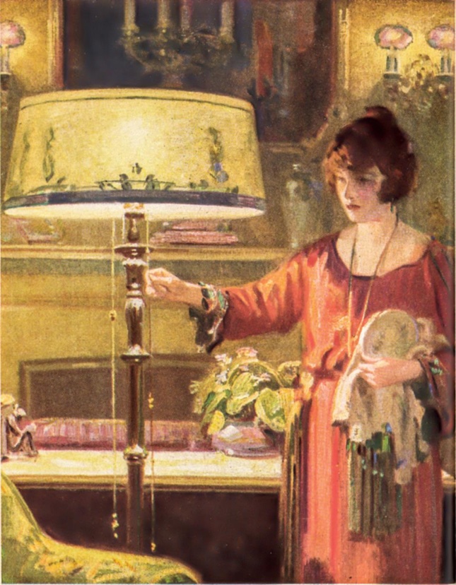 Vintage illustration of a woman turning on a floor lamp
