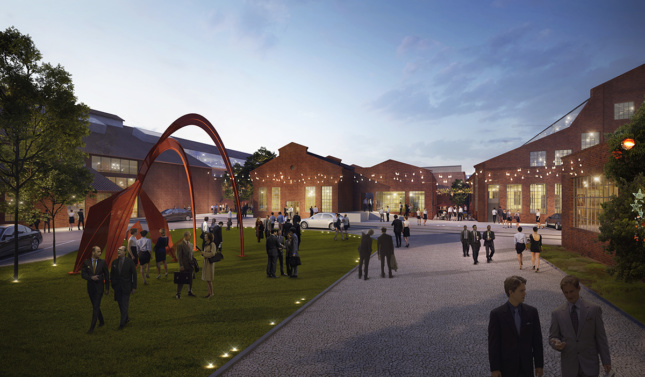 Close up rendering of Pullman Yard art piece and courtyard at night