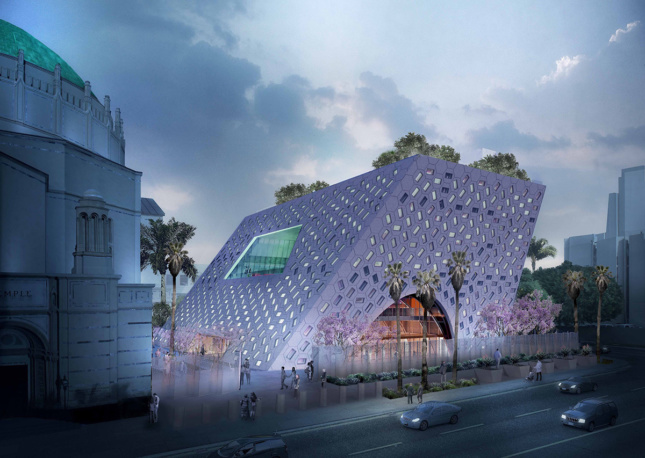 Rendering of an eccentrically shaped pavilion with large cutouts in its facades