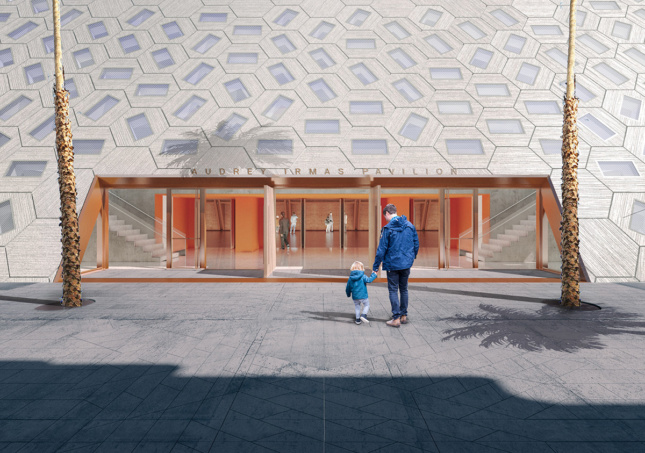 Rendering of people walking into a building