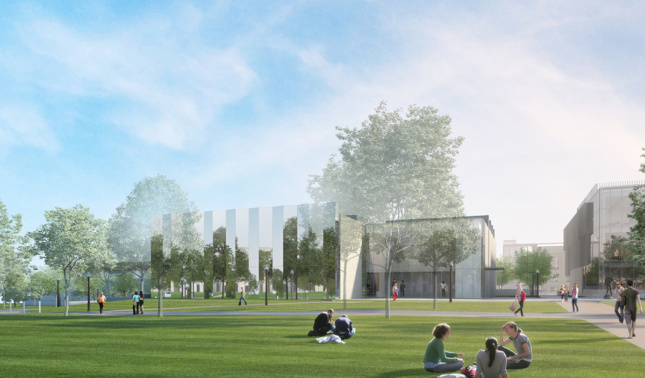 Exterior rendering of Kemper Art Museum in St. Louis with reflective mirror panels