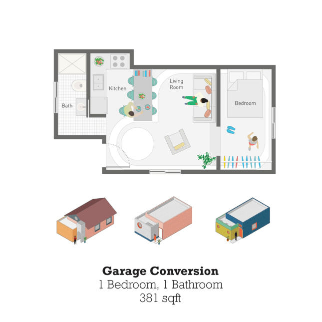 Floor plan of 1 bedroom house and axonometric view the same basic structure in three styles