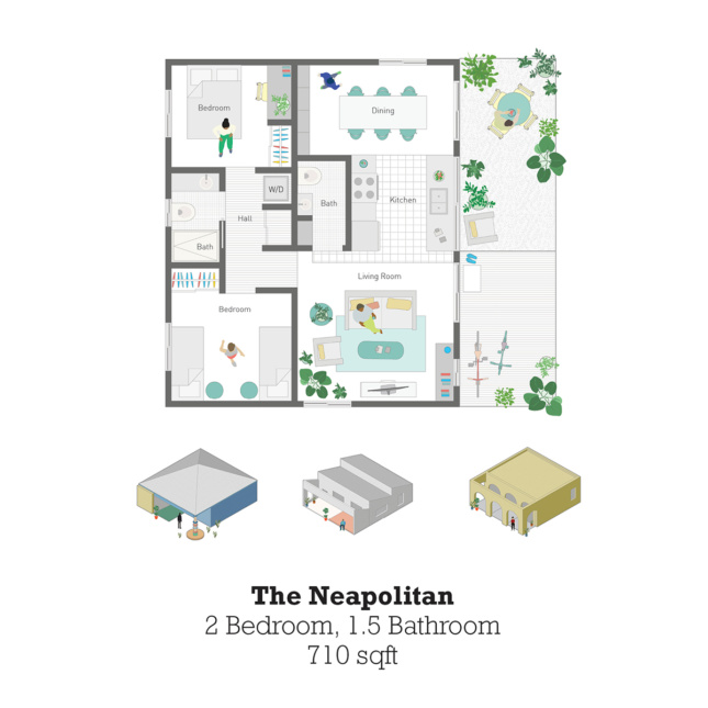Floor plan of 2 bedroom house and axonometric view the same basic structure in three styles