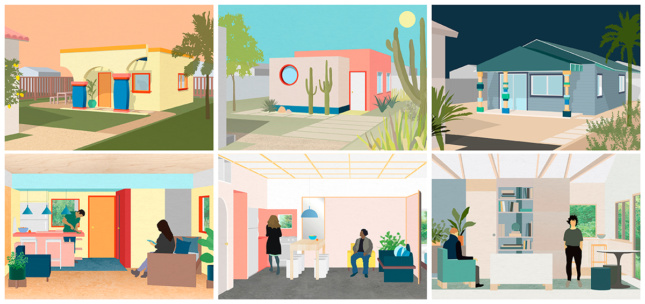 Illustrations of three different ADUs showing interiors and exteriors