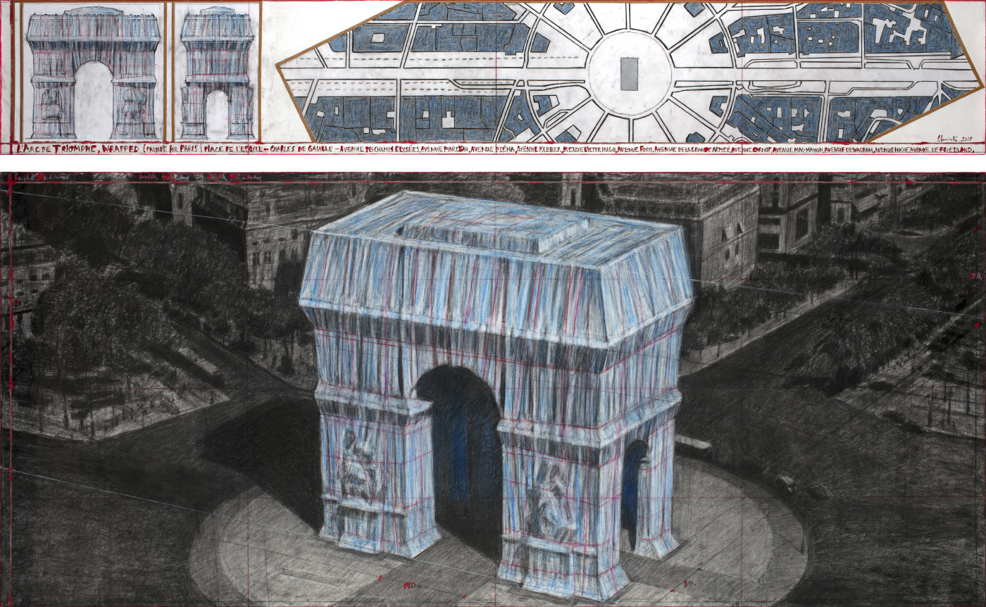 Drawing of the Arc de Triomphe wrapped in plastic