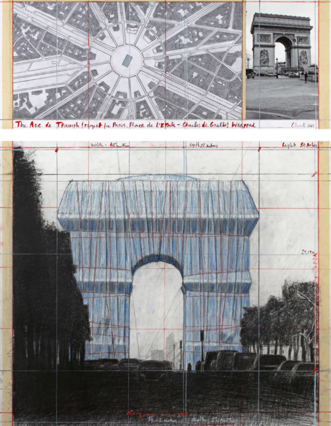Drawing of the Arc de Triomphe wrapped in fabric