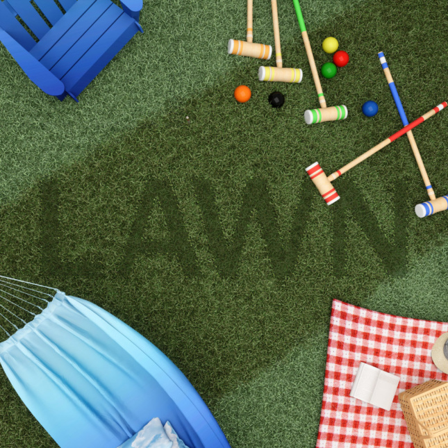 Rendering of a lawn with a picnic blanket, hammock, and croquet mallets