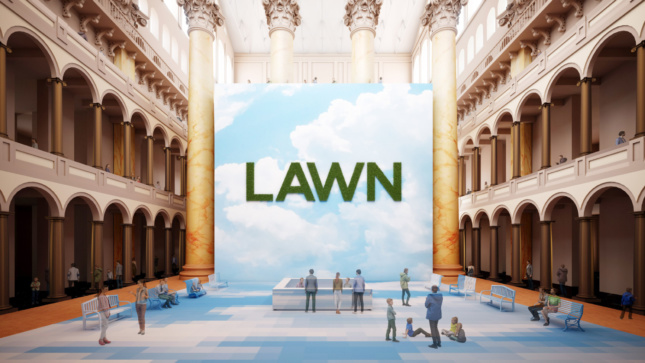 Rendering of a great reception hall painted to resemble the sky, with the word "Lawn" in the center